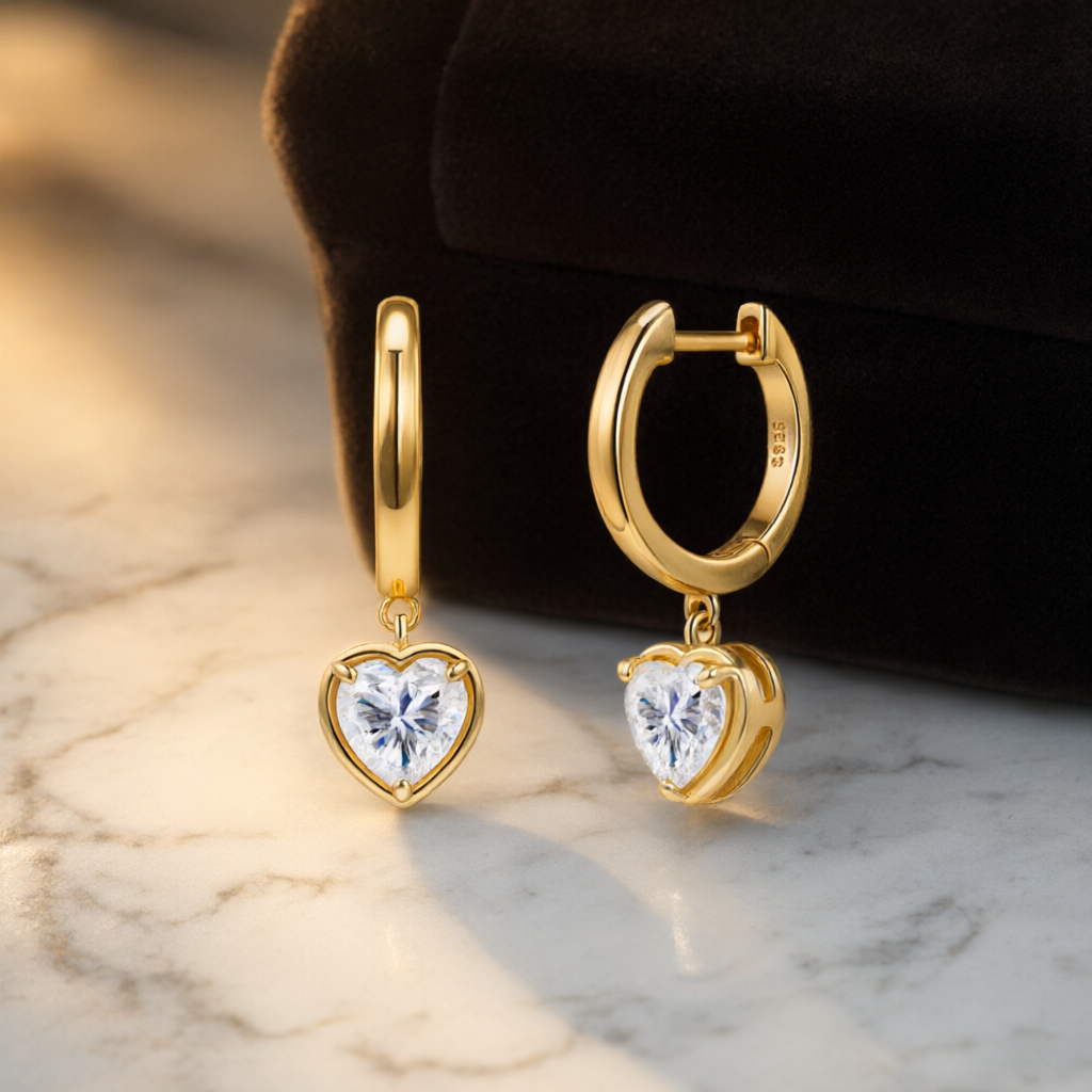 Heart-Shaped Moissanite Earrings (6.5mm) – Gold Tone