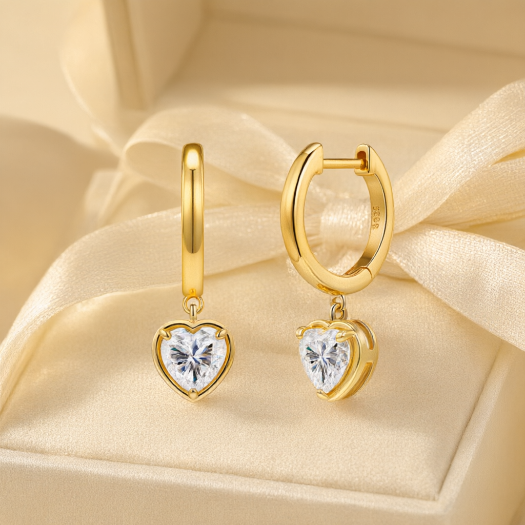 Heart-Shaped Moissanite Earrings (6.5mm) – Gold Tone