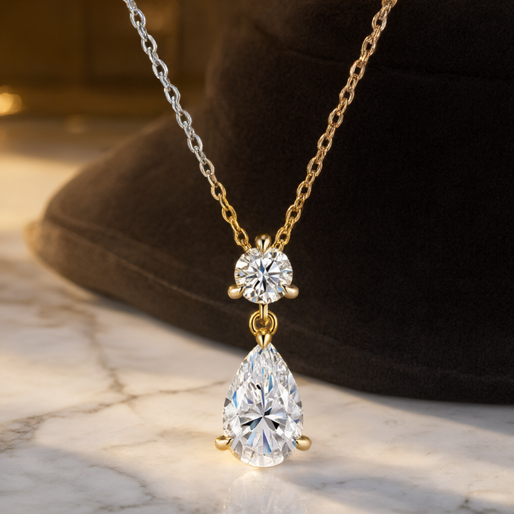 Pear-Shaped (7x11mm) Moissanite Necklace - Silver Tone