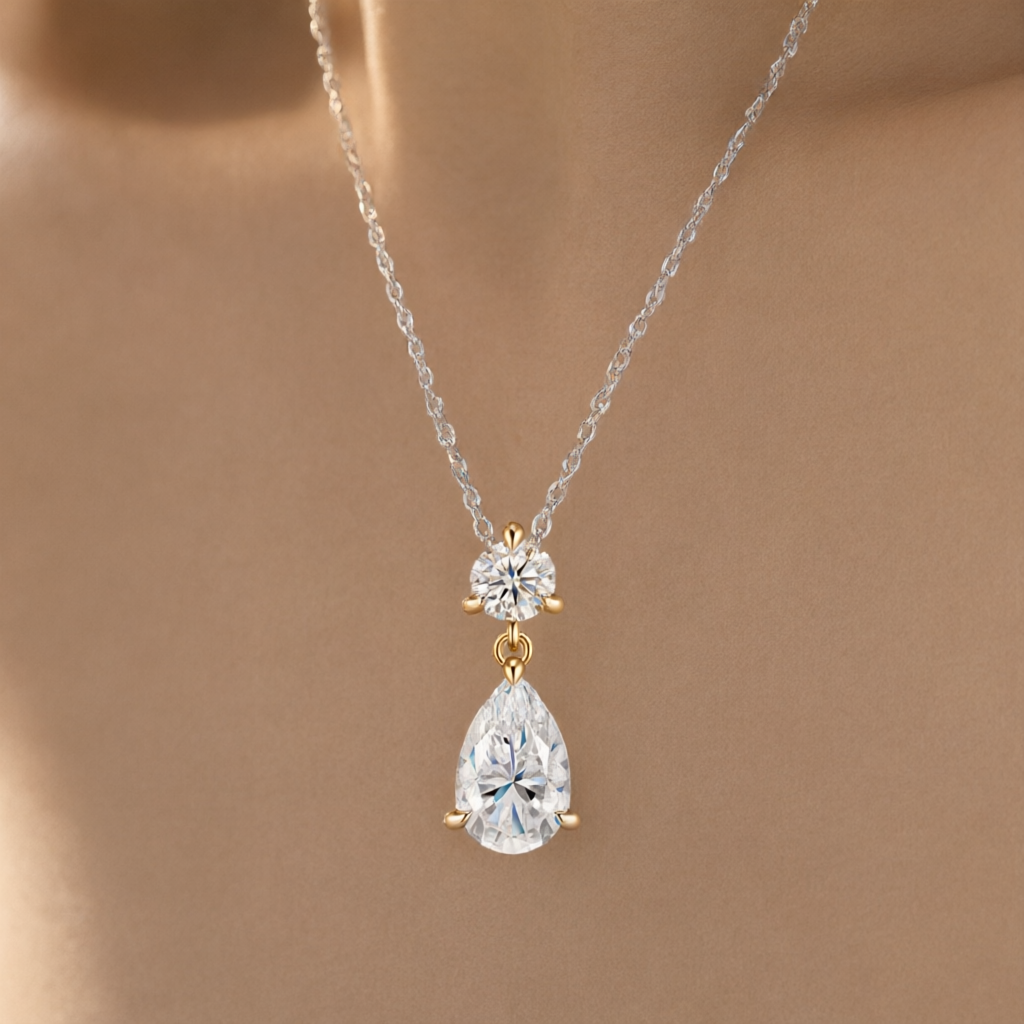 Pear-Shaped (7x11mm) Moissanite Necklace - Silver Tone