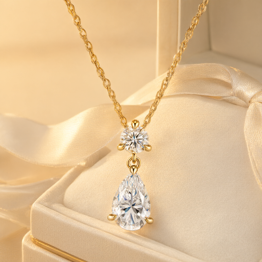 Pear-Shaped (7x11mm) Moissanite Necklace - Silver Tone